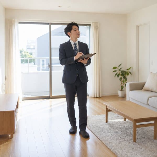 日当たりの良いリビングで室内を確認している担当者