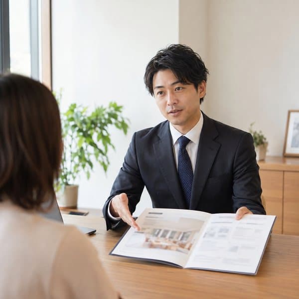 資料を見せながらお客様に説明している担当者