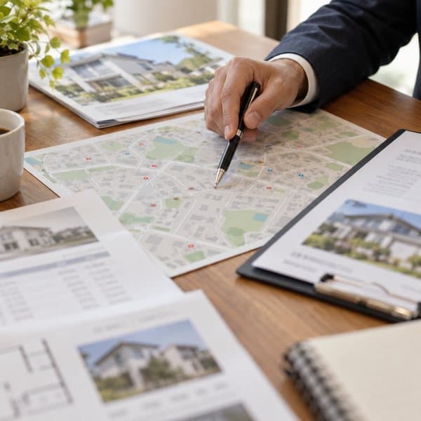 机に広げた地図をペンで指し示している手元