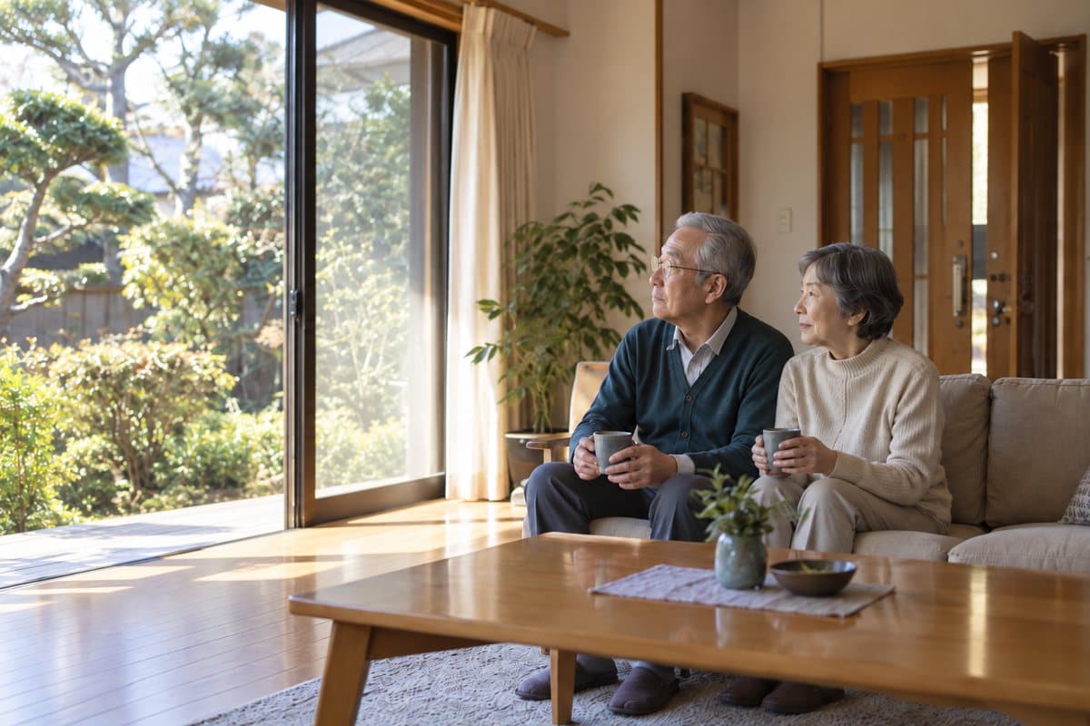 居間で庭を眺めながら話しているご夫婦