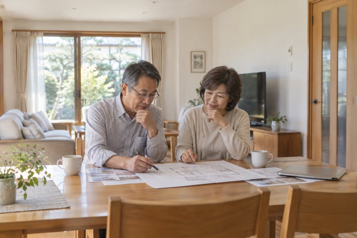 間取り図を広げて話し合っているご夫婦